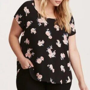 Torrid Georgette short sleeve black & pink floral drape back top size 1